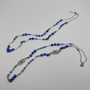 Cobalt Blue Foil Glass Bead Necklace Set Silver Tone Layered Boho Floral Station